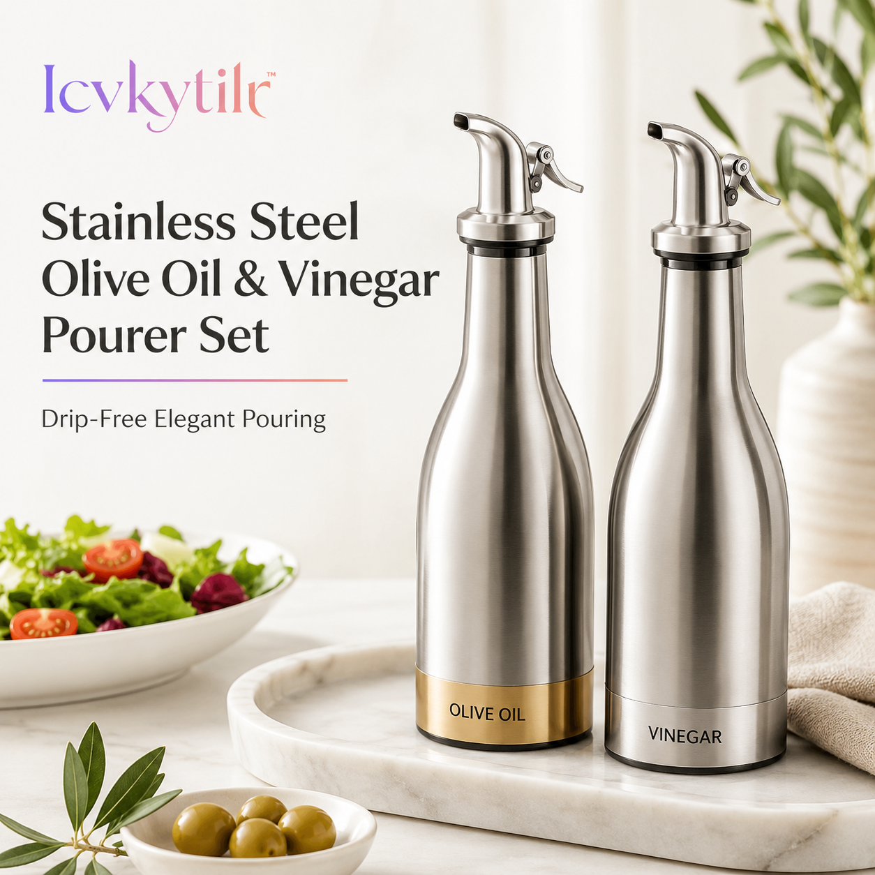 Icvkytilr™ Stainless Steel Olive Oil & Vinegar Pourer Set – Drip-Free, Elegant Design