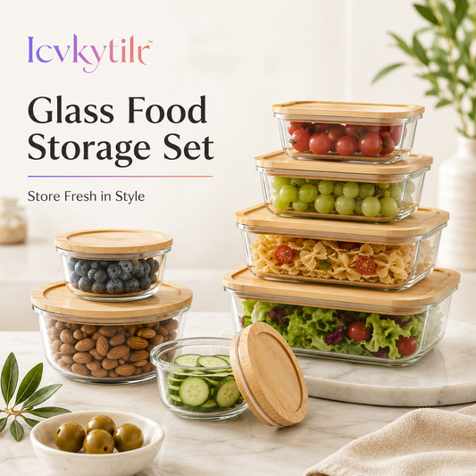 Icvkytilr™ Glass Food Storage Set with Bamboo Lids – Airtight, Leakproof