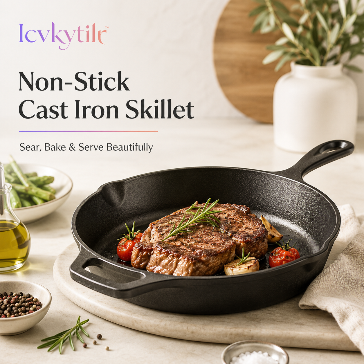 Icvkytilr™ Non-Stick Cast Iron Skillet – Pre-Seasoned, Oven & Stove Safe